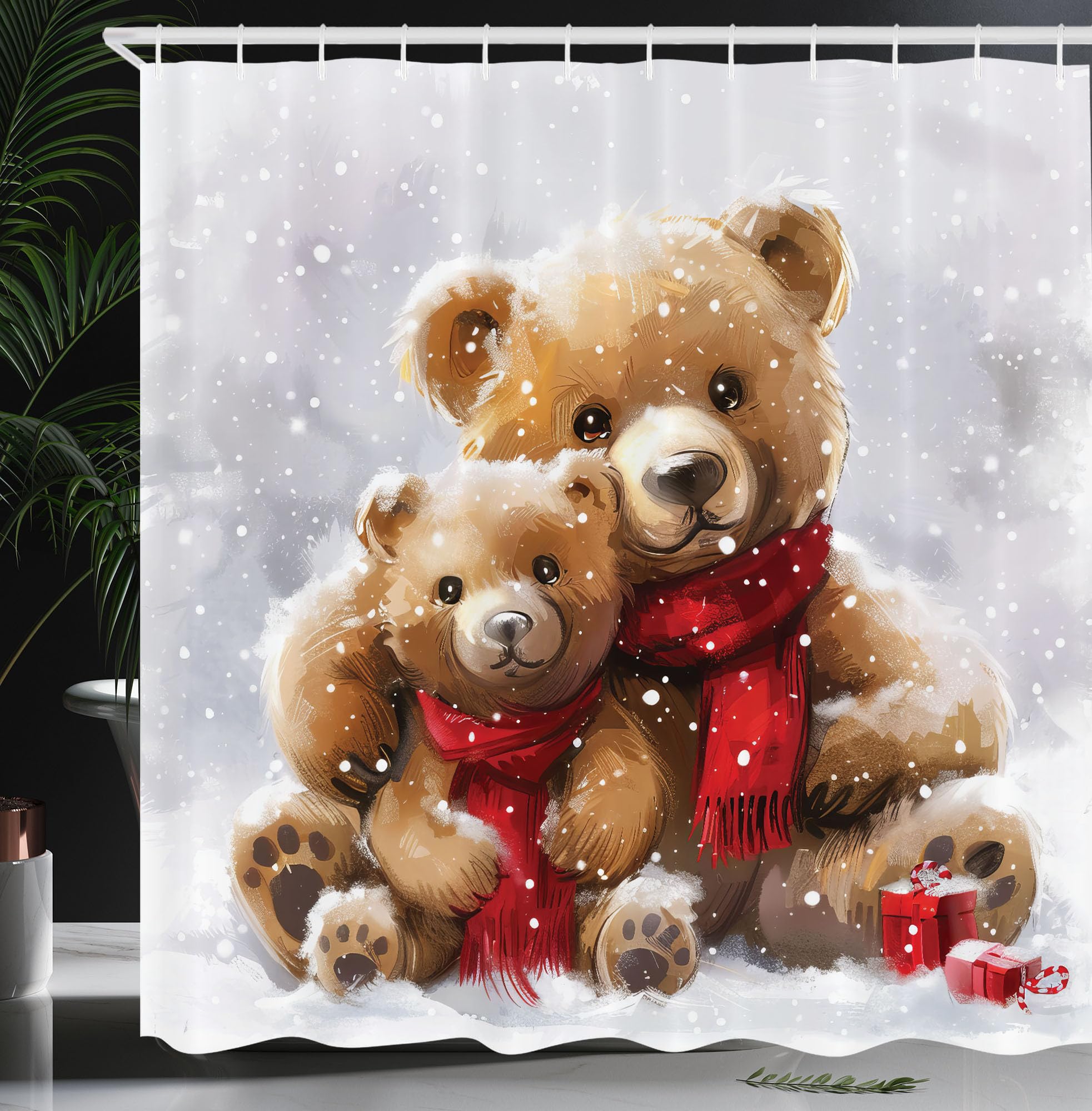 Ambesonne Christmas Shower Curtain, Classic Oil Paint Look Bear Family In Snowy Atmosphere Of Xmas Joy, Cloth Fabric Bathroom De